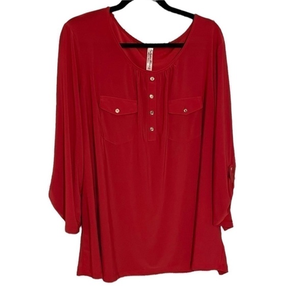 Tops - Burnt orange three quarter sleeve plus size top with gold button detail